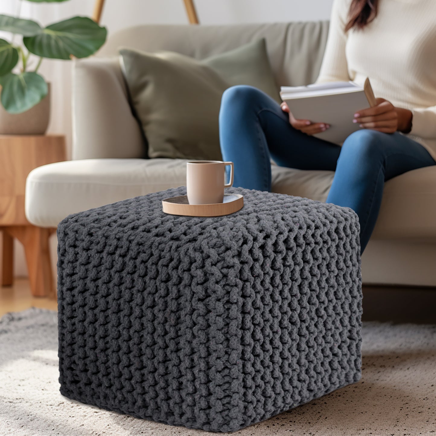 Hand Knitted Cotton Cord Cable Dori Pouf Braided Ottoman 15" x 15" Floor Pouf, Footrest Accent Seat for Living Room, Bedroom & Dorm Décor