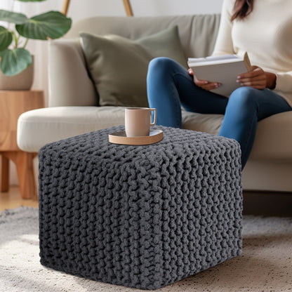 Hand Knitted Cotton Cord Cable Dori Pouf Braided Ottoman 15" x 15" Floor Pouf, Footrest Accent Seat for Living Room, Bedroom & Dorm Décor