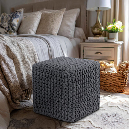 Hand Knitted Cotton Cord Cable Dori Pouf Braided Ottoman 15" x 15" Floor Pouf, Footrest Accent Seat for Living Room, Bedroom & Dorm Décor