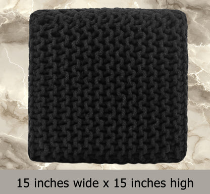 Hand Knitted Cotton Cord Cable Dori Pouf Braided Ottoman 15" x 15" Floor Pouf, Footrest Accent Seat for Living Room, Bedroom & Dorm Décor