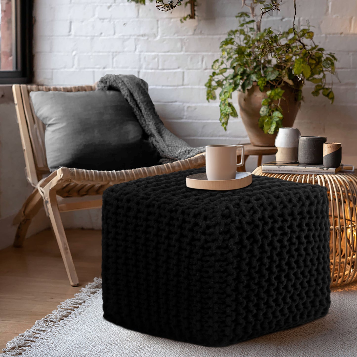 Hand Knitted Cotton Cord Cable Dori Pouf Braided Ottoman 15" x 15" Floor Pouf, Footrest Accent Seat for Living Room, Bedroom & Dorm Décor
