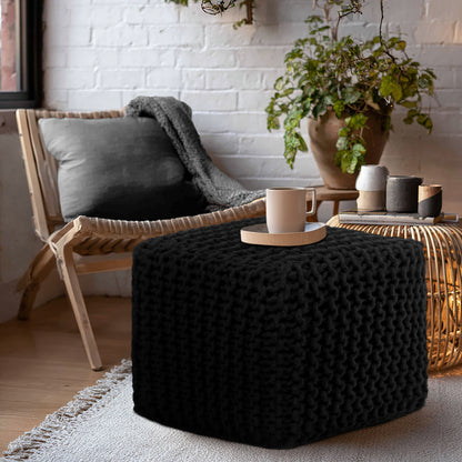 Hand Knitted Cotton Cord Cable Dori Pouf Braided Ottoman 15" x 15" Floor Pouf, Footrest Accent Seat for Living Room, Bedroom & Dorm Décor