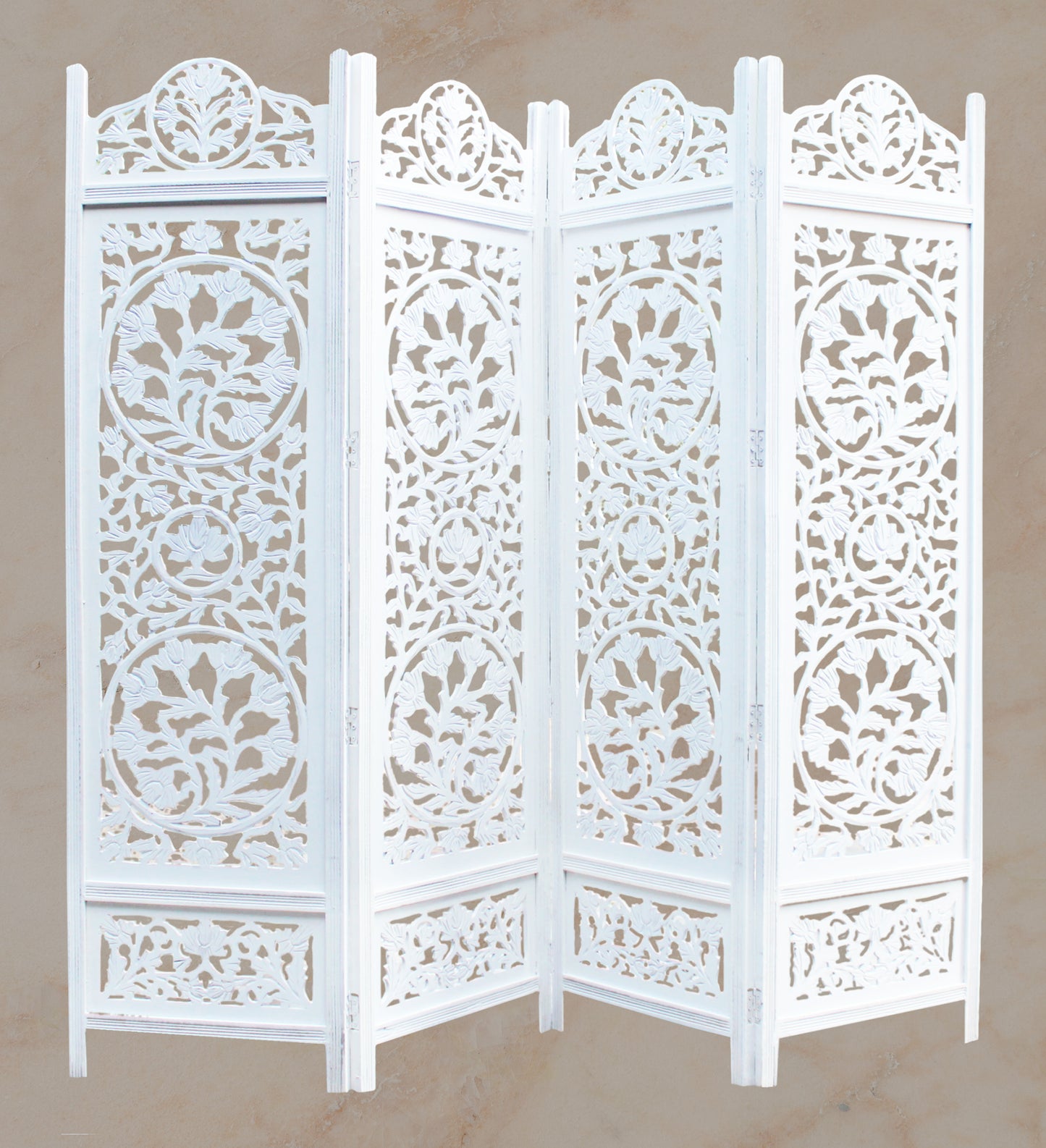 Hand-Carved Wood Flower Design Room Divider – 4-Panel Folding Screen, 80" x 72", Freestanding & Reversible Privacy Partition, Fully Assembled – Antique White