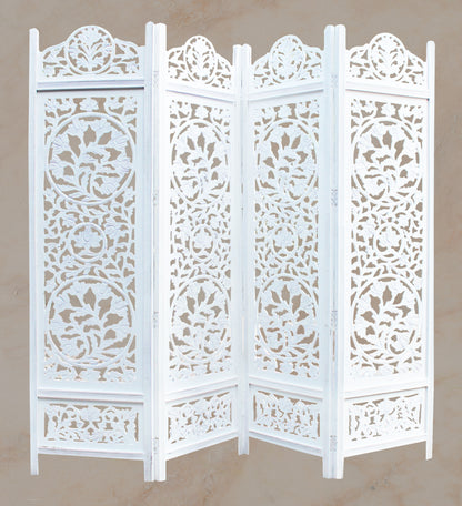 Hand-Carved Wood Flower Design Room Divider – 4-Panel Folding Screen, 80" x 72", Freestanding & Reversible Privacy Partition, Fully Assembled – Antique White