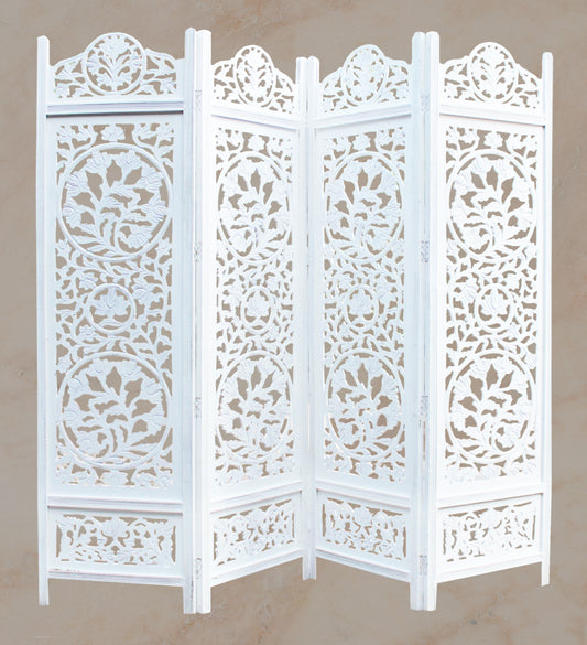 Hand-Carved Wood Flower Design Room Divider – 4-Panel Folding Screen, 80" x 72", Freestanding & Reversible Privacy Partition, Fully Assembled – Antique White