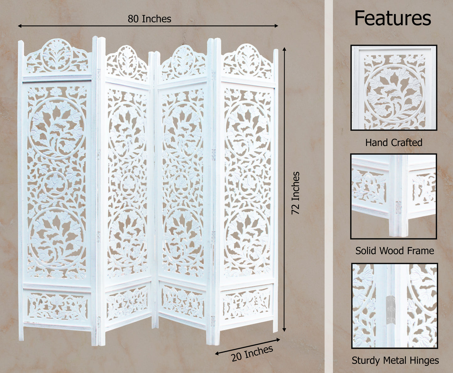 Hand-Carved Wood Flower Design Room Divider – 4-Panel Folding Screen, 80" x 72", Freestanding & Reversible Privacy Partition, Fully Assembled – Antique White