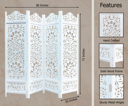 Hand-Carved Wood Flower Design Room Divider – 4-Panel Folding Screen, 80" x 72", Freestanding & Reversible Privacy Partition, Fully Assembled – Antique White