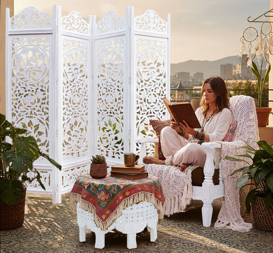 Hand-Carved Wood Flower Design Room Divider – 4-Panel Folding Screen, 80" x 72", Freestanding & Reversible Privacy Partition, Fully Assembled – Antique White