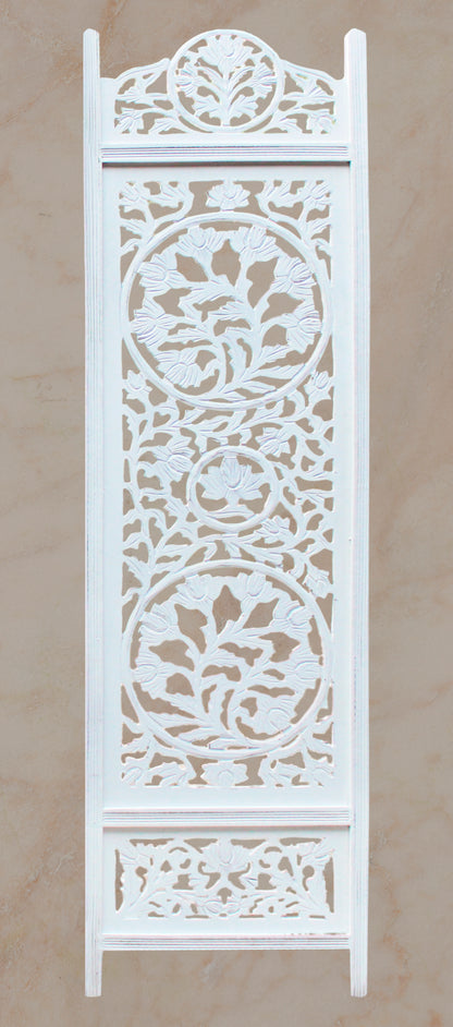 Hand-Carved Wood Flower Design Room Divider – 4-Panel Folding Screen, 80" x 72", Freestanding & Reversible Privacy Partition, Fully Assembled – Antique White