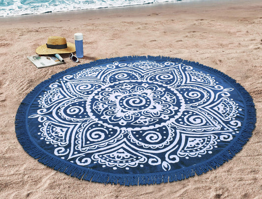 Round Beach Towel Blanket -100% Cotton 60 Inch Plush soft Jacquard  Boho Mandala Circular Velour  Beach Blanket Throw with Blue Fringe - Blue