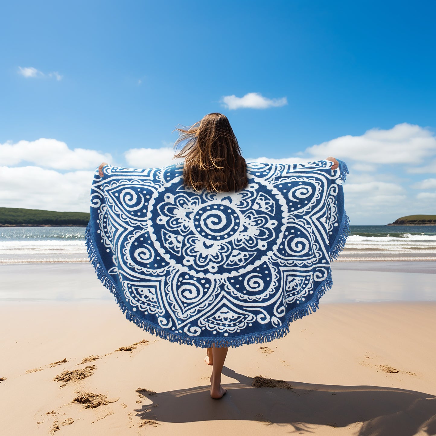 Round Beach Towel Blanket -100% Cotton 60 Inch Plush soft Jacquard  Boho Mandala Circular Velour  Beach Blanket Throw with Blue Fringe - Blue
