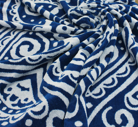 Round Beach Towel Blanket -100% Cotton 60 Inch Plush soft Jacquard  Boho Mandala Circular Velour  Beach Blanket Throw with Blue Fringe - Blue