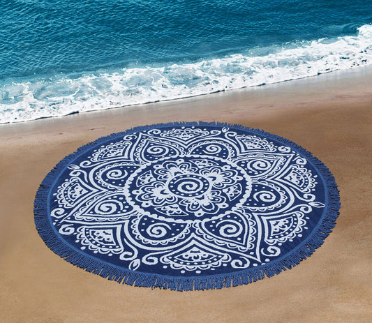 Round Beach Towel Blanket -100% Cotton 60 Inch Plush soft Jacquard  Boho Mandala Circular Velour  Beach Blanket Throw with Blue Fringe - Blue