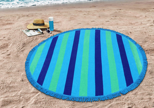 Round Beach Towel Blanket -100% Cotton 60 Inch Plush soft Jacquard  Cabana Stripe CircularVelour  Beach Blanket Throw with Fringe - Blue Stripe