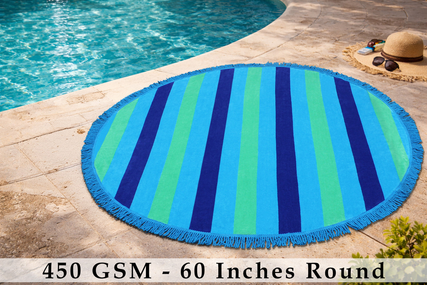 Round Beach Towel Blanket -100% Cotton 60 Inch Plush soft Jacquard  Cabana Stripe CircularVelour  Beach Blanket Throw with Fringe - Blue Stripe