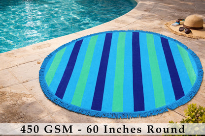 Round Beach Towel Blanket -100% Cotton 60 Inch Plush soft Jacquard  Cabana Stripe CircularVelour  Beach Blanket Throw with Fringe - Blue Stripe