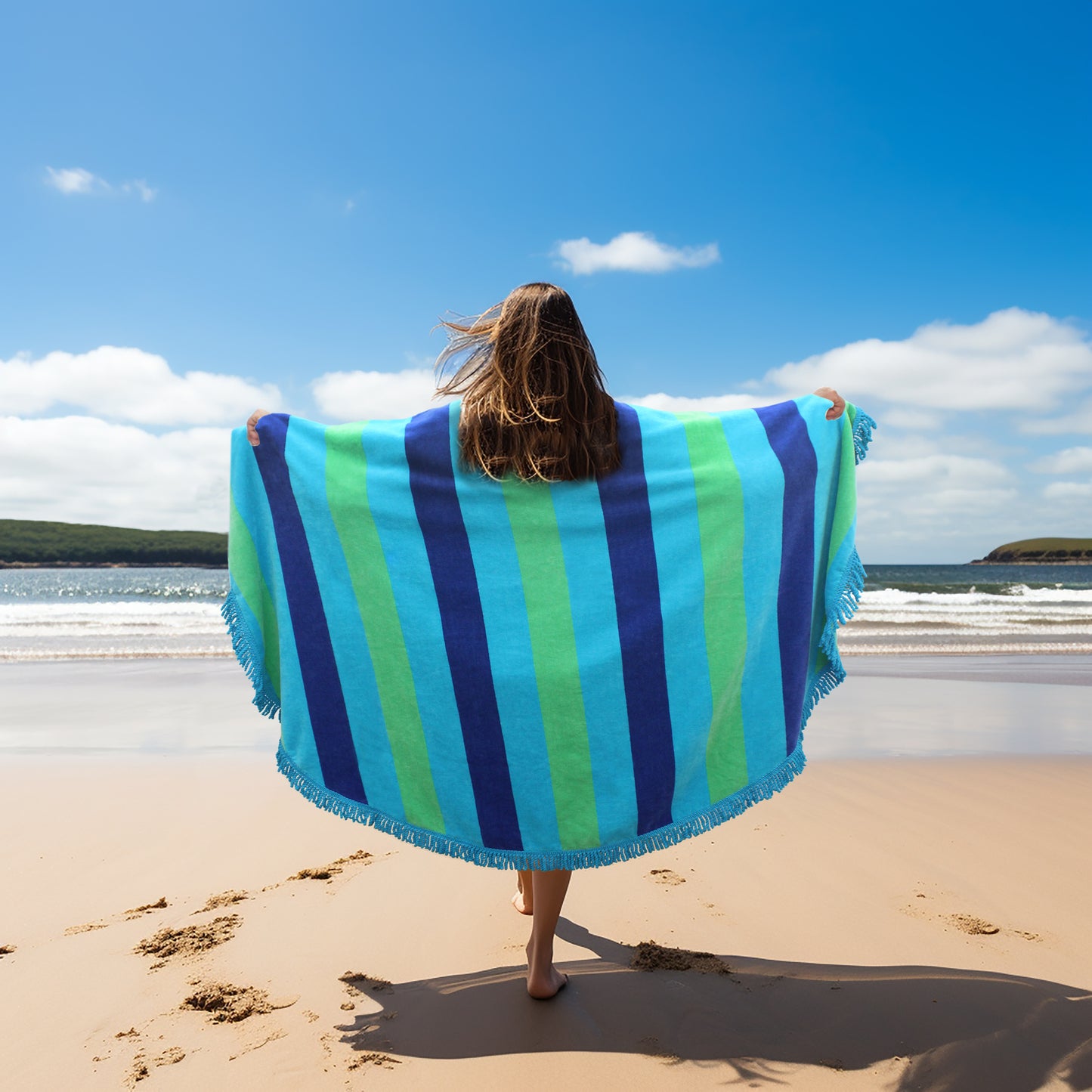 Round Beach Towel Blanket -100% Cotton 60 Inch Plush soft Jacquard  Cabana Stripe CircularVelour  Beach Blanket Throw with Fringe - Blue Stripe