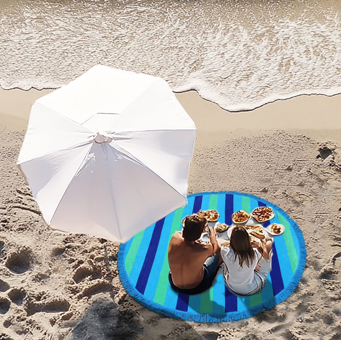 Round Beach Towel Blanket -100% Cotton 60 Inch Plush soft Jacquard  Cabana Stripe CircularVelour  Beach Blanket Throw with Fringe - Blue Stripe