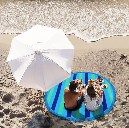 Round Beach Towel Blanket -100% Cotton 60 Inch Plush soft Jacquard  Cabana Stripe CircularVelour  Beach Blanket Throw with Fringe - Blue Stripe