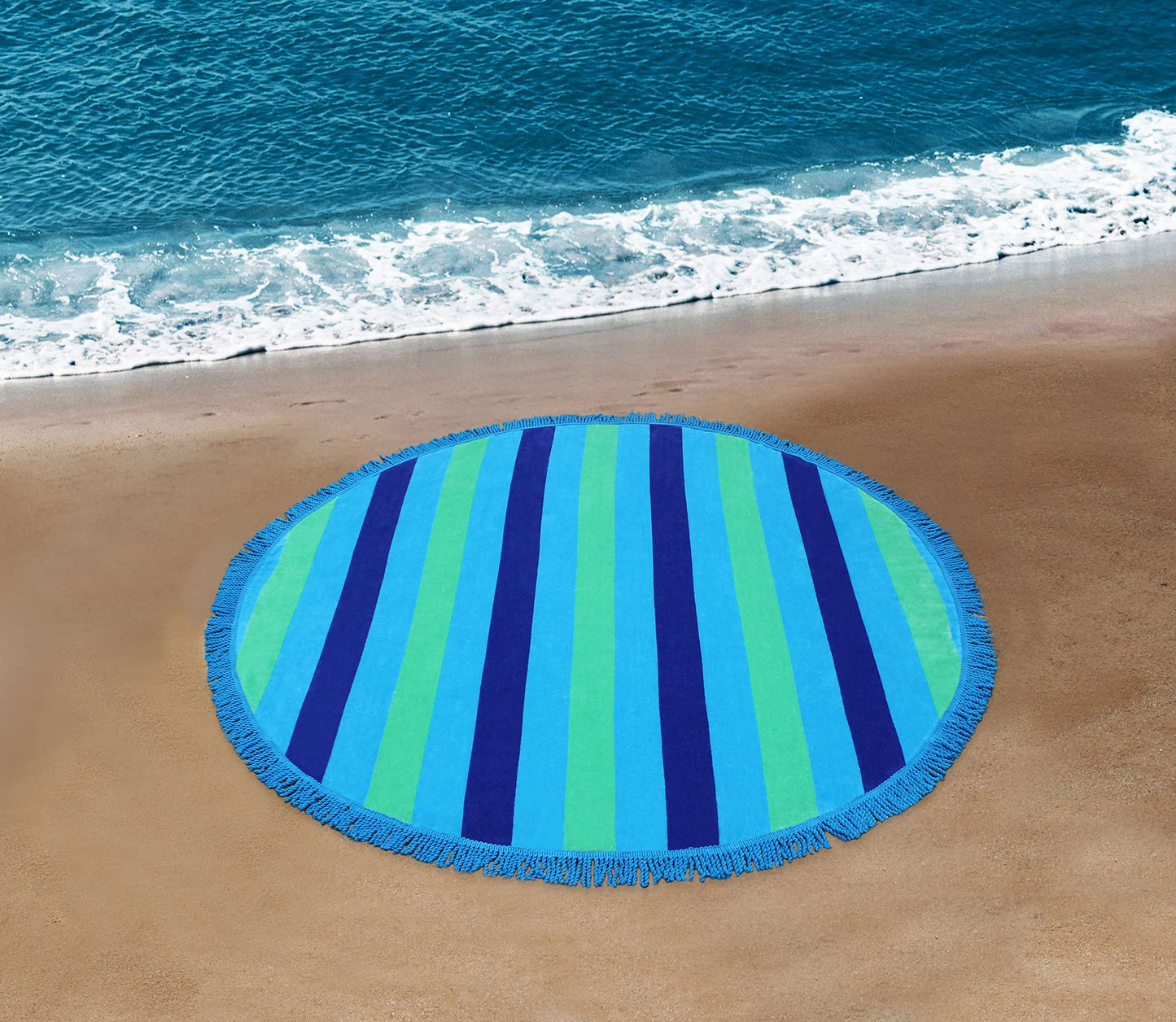 Round Beach Towel Blanket -100% Cotton 60 Inch Plush soft Jacquard  Cabana Stripe CircularVelour  Beach Blanket Throw with Fringe - Blue Stripe