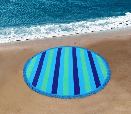 Round Beach Towel Blanket -100% Cotton 60 Inch Plush soft Jacquard  Cabana Stripe CircularVelour  Beach Blanket Throw with Fringe - Blue Stripe