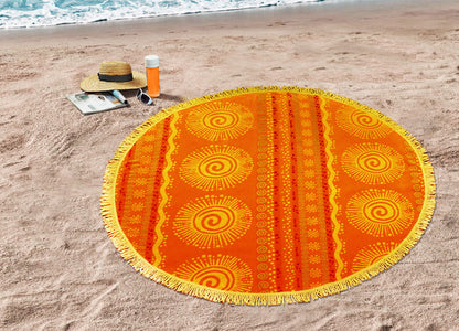 Round Beach Towel Blanket -100% Cotton 60 Inch Plush soft Jacquard  Sunshine Orange  Circular Velour  Beach Blanket Throw with Fringe - Brightshine Orange/ Yellow
