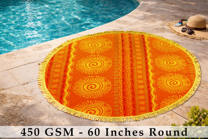 Round Beach Towel Blanket -100% Cotton 60 Inch Plush soft Jacquard  Sunshine Orange  Circular Velour  Beach Blanket Throw with Fringe - Brightshine Orange/ Yellow
