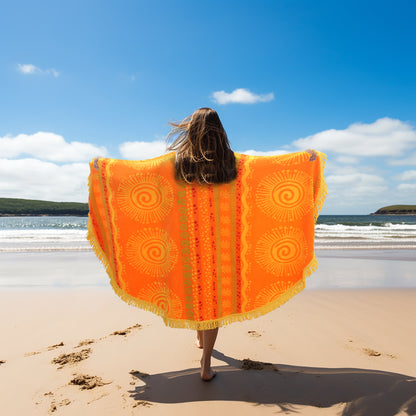 Round Beach Towel Blanket -100% Cotton 60 Inch Plush soft Jacquard  Sunshine Orange  Circular Velour  Beach Blanket Throw with Fringe - Brightshine Orange/ Yellow