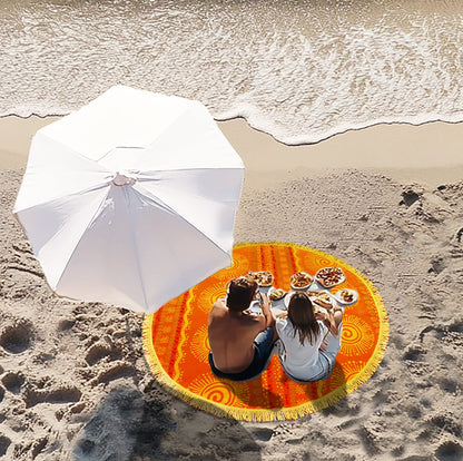 Round Beach Towel Blanket -100% Cotton 60 Inch Plush soft Jacquard  Sunshine Orange  Circular Velour  Beach Blanket Throw with Fringe - Brightshine Orange/ Yellow