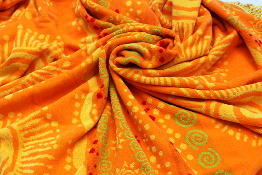 Round Beach Towel Blanket -100% Cotton 60 Inch Plush soft Jacquard  Sunshine Orange  Circular Velour  Beach Blanket Throw with Fringe - Brightshine Orange/ Yellow