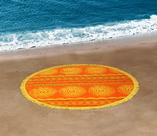 Round Beach Towel Blanket -100% Cotton 60 Inch Plush soft Jacquard  Sunshine Orange  Circular Velour  Beach Blanket Throw with Fringe - Brightshine Orange/ Yellow