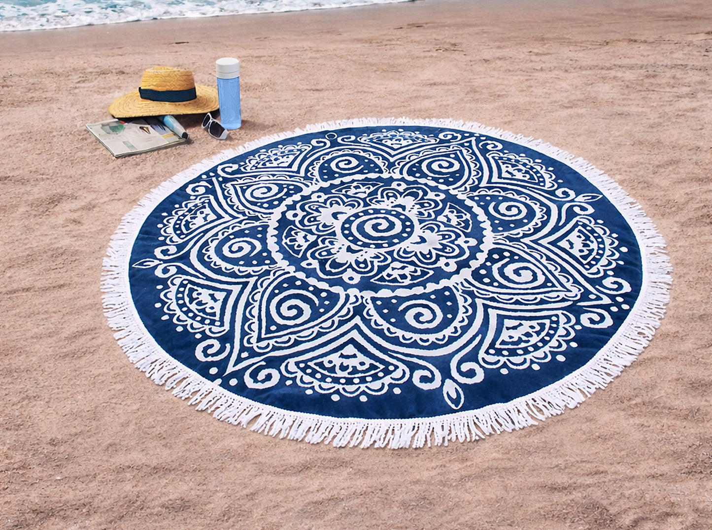 Round Beach Towel Blanket -100% Cotton 60 Inch Plush soft Jacquard  Boho Mandala Circular Velour  Beach Blanket Throw with White Fringe - Blue