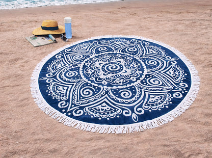 Round Beach Towel Blanket -100% Cotton 60 Inch Plush soft Jacquard  Boho Mandala Circular Velour  Beach Blanket Throw with White Fringe - Blue