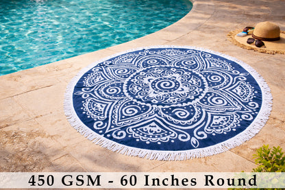 Round Beach Towel Blanket -100% Cotton 60 Inch Plush soft Jacquard  Boho Mandala Circular Velour  Beach Blanket Throw with White Fringe - Blue