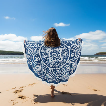 Round Beach Towel Blanket -100% Cotton 60 Inch Plush soft Jacquard  Boho Mandala Circular Velour  Beach Blanket Throw with White Fringe - Blue