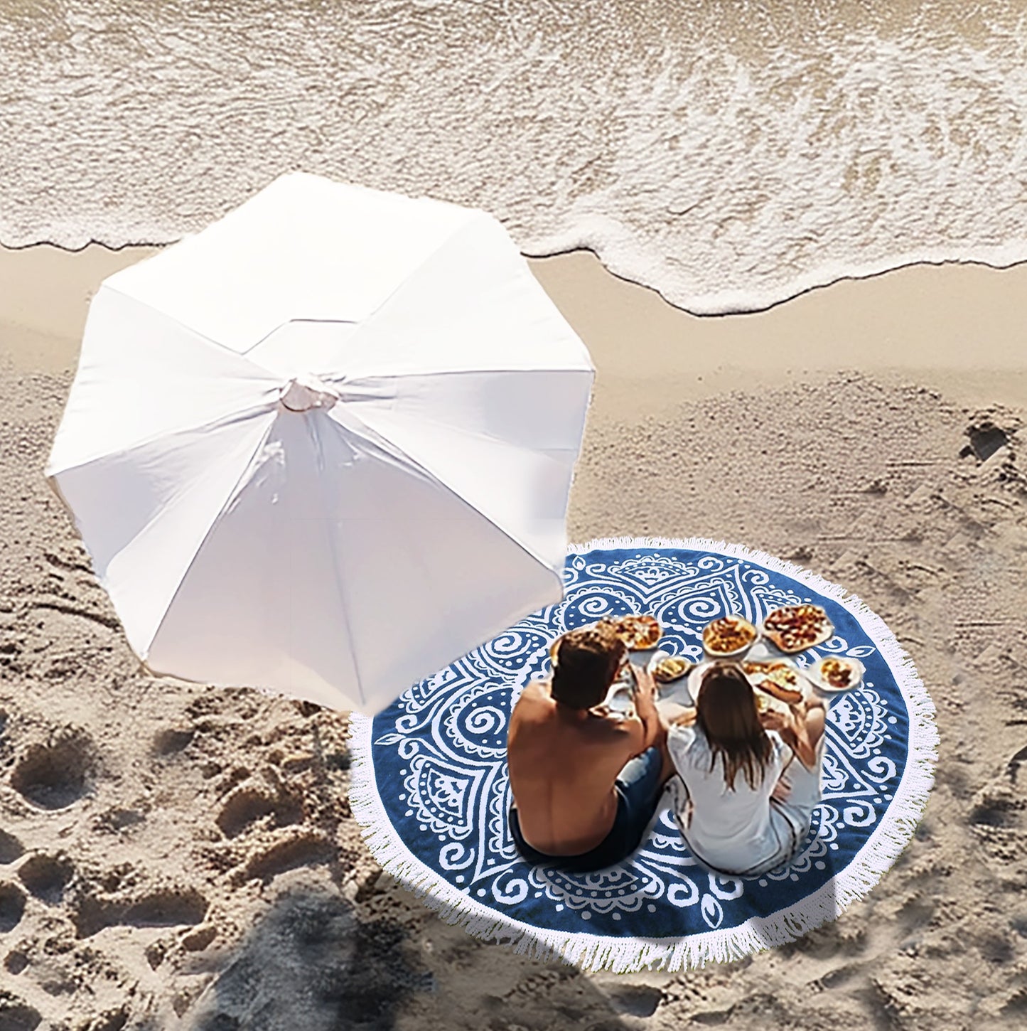 Round Beach Towel Blanket -100% Cotton 60 Inch Plush soft Jacquard  Boho Mandala Circular Velour  Beach Blanket Throw with White Fringe - Blue