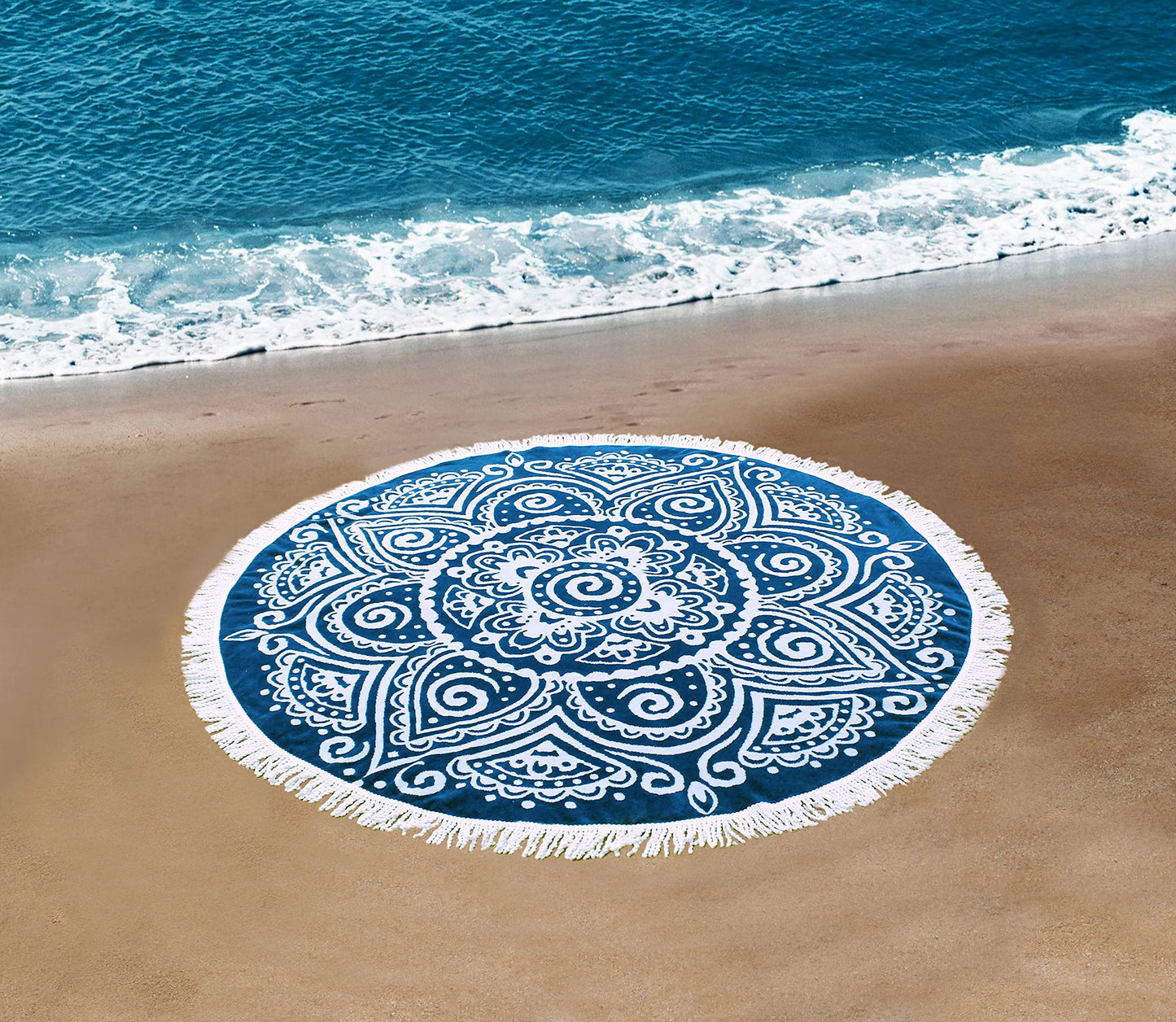 Round Beach Towel Blanket -100% Cotton 60 Inch Plush soft Jacquard  Boho Mandala Circular Velour  Beach Blanket Throw with White Fringe - Blue