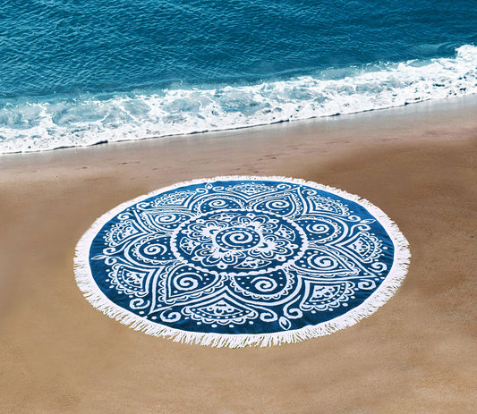 Round Beach Towel Blanket -100% Cotton 60 Inch Plush soft Jacquard  Boho Mandala Circular Velour  Beach Blanket Throw with White Fringe - Blue