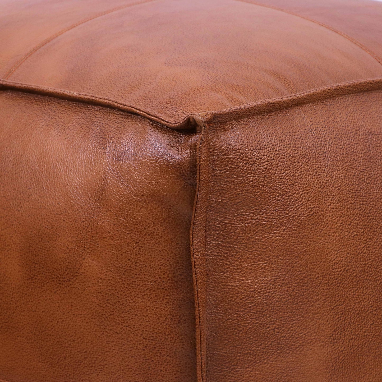 Genuine Leather Pouf Ottoman Seat – Handmade Moroccan Footrest, Pre-Filled Comfort, Classic Contemporary Home Office Accent Furniture, 17" x 17" Square