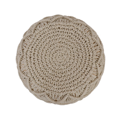 Macrame Braided Pouf Ottoman 20" x 14" Hand knitted Cotton Cord Round Dori Pouf, Prefilled Footrest Bean Bag, Boho Moroccan Accent Seating for Living Room, Bedroom & Dorms