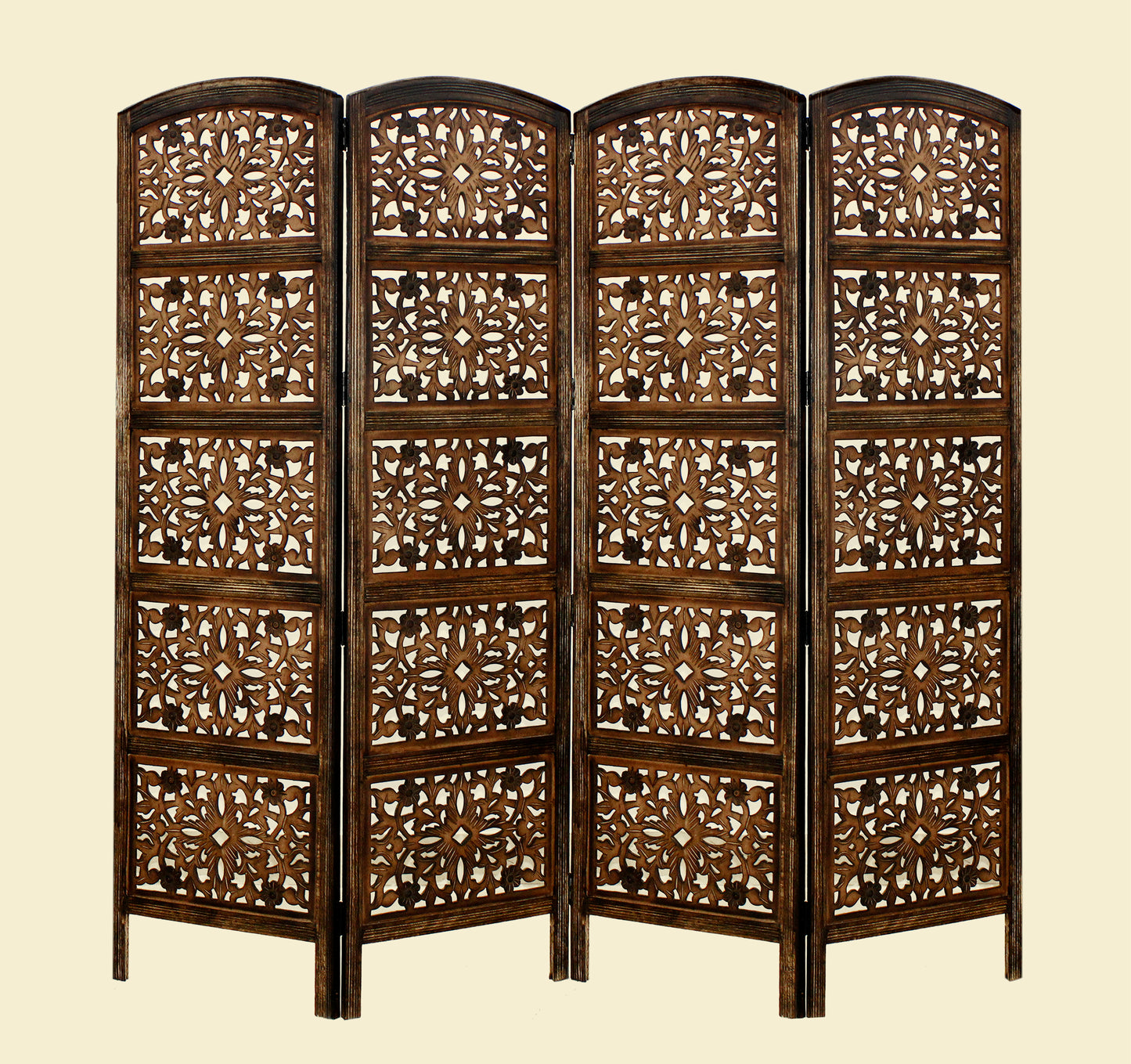 Hand Carved Wood Screen - Intricately Carved Decorative Room Divider - 4 Panels Folding Freestanding Screen - Versatile and Portable Privacy Partition - Reversible 72 inches Height  x 80 inches Width - Brown Finish