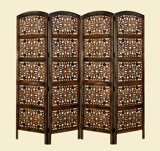 Hand Carved Wood Screen - Intricately Carved Decorative Room Divider - 4 Panels Folding Freestanding Screen - Versatile and Portable Privacy Partition - Reversible 72 inches Height  x 80 inches Width - Brown Finish