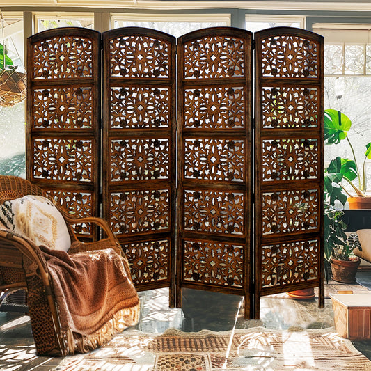 Hand Carved Wood Screen - Intricately Carved Decorative Room Divider - 4 Panels Folding Freestanding Screen - Versatile and Portable Privacy Partition - Reversible 72 inches Height  x 80 inches Width - Brown Finish