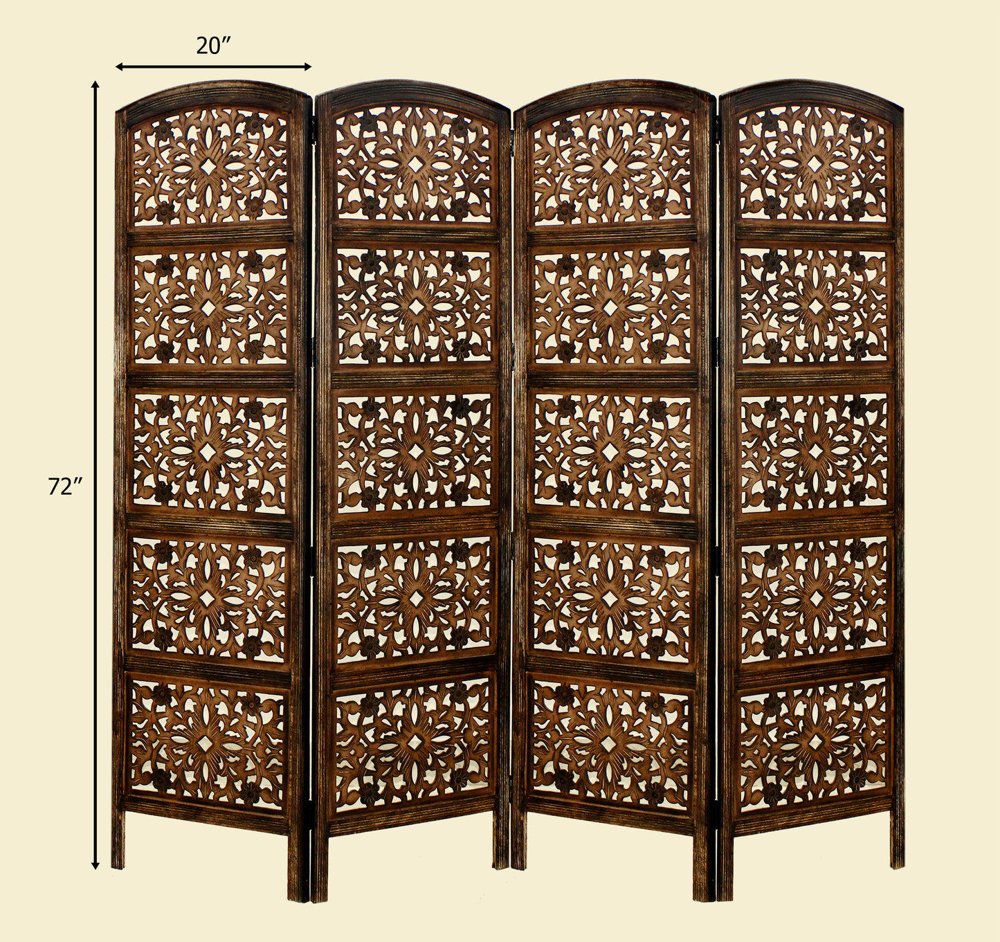 Hand Carved Wood Screen - Intricately Carved Decorative Room Divider - 4 Panels Folding Freestanding Screen - Versatile and Portable Privacy Partition - Reversible 72 inches Height  x 80 inches Width - Brown Finish