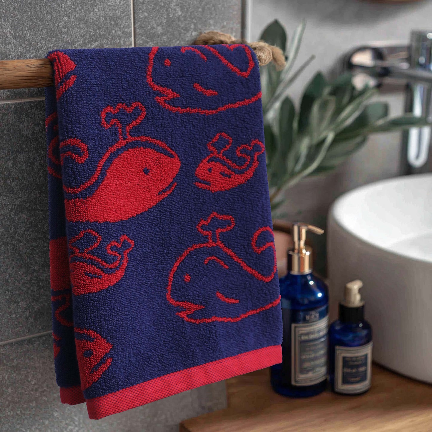 Kids Hand Towel 16 X 27 inches Whale design- Blue/Red- 100% Terry Cotton- 630 GSM Kids Hand Towel- Soft, Absorbent, Decorative, Playful for Bathroom or Daily Use