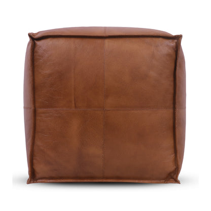 Genuine Leather Pouf Ottoman Seat – Handmade Moroccan Footrest, Pre-Filled Comfort, Classic Contemporary Home Office Accent Furniture, 17" x 17" Square