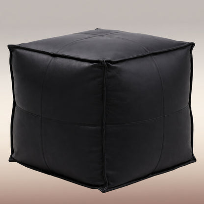 Genuine Leather Pouf Ottoman Seat – Handmade Moroccan Footrest, Pre-Filled Comfort, Classic Contemporary Home Office Accent Furniture, 17" x 17" Square
